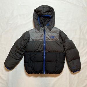 The North Face Boys size 5 reversible puffer winter jacket black / blue / gray